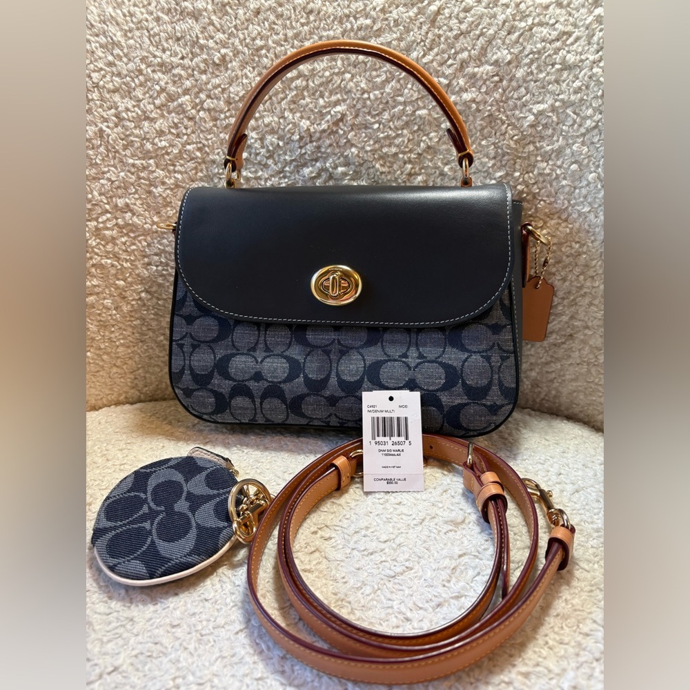 Coach Marlie top handle satchel in chambray, denim multi. Like new